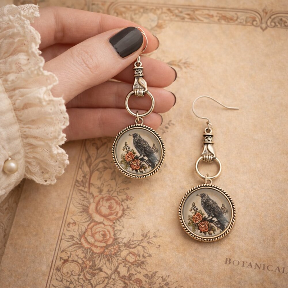 Victorian Raven Botanical Drop Earrings 925 Sterling Hooks